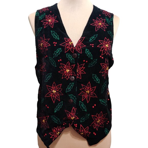 Vintage Casey & Max S Black Velvet Vest Button Front Embroidered Point Hem Cute - Picture 1 of 8